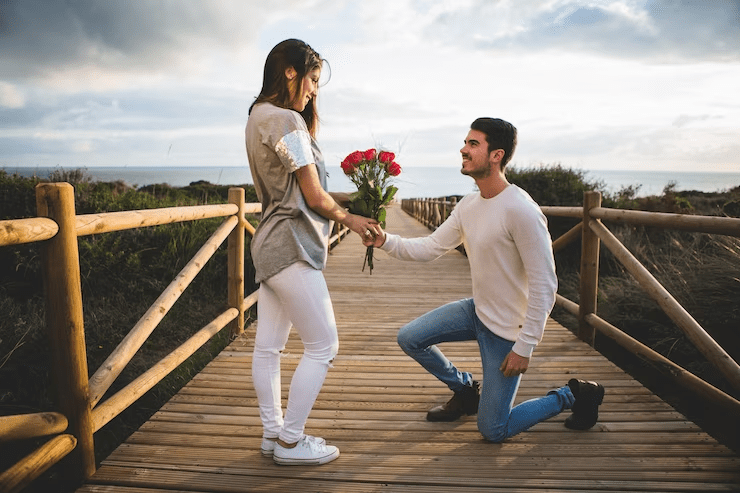 Proposing with flowers 