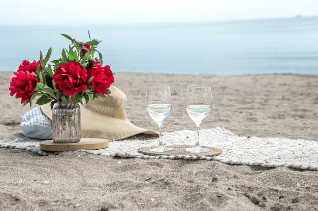 proposing in beachside with flowers