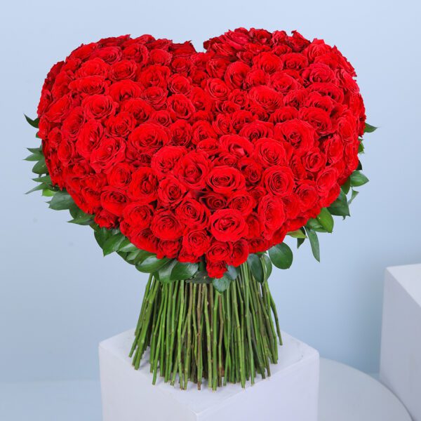 Grand Heart-Shaped Display of 250 Red Roses adorned with a rich green leaf bunch for a special gesture.