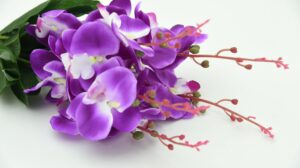 A bouquet of purple and white orchids is displayed on a white background. The orchids have delicate petals with a vibrant purple color and a white center. The flowers are arranged in a cluster, with some stems extending outwards.