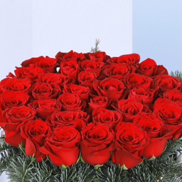 A Christmas flower arrangement in a black box with red roses and pine needles.