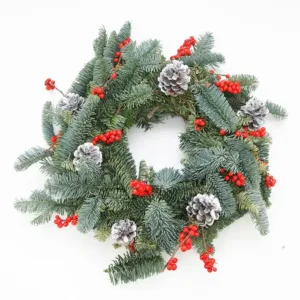 The image shows a beautiful Christmas wreath. It is made with a base of fresh green foliage, possibly pine or fir branches. The wreath is decorated with clusters of red berries and silver-tipped pine cones, creating a festive and wintry look.